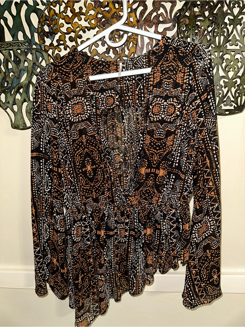 Free People Black & Brown Printed V-Neck Long Sleeve Blouse